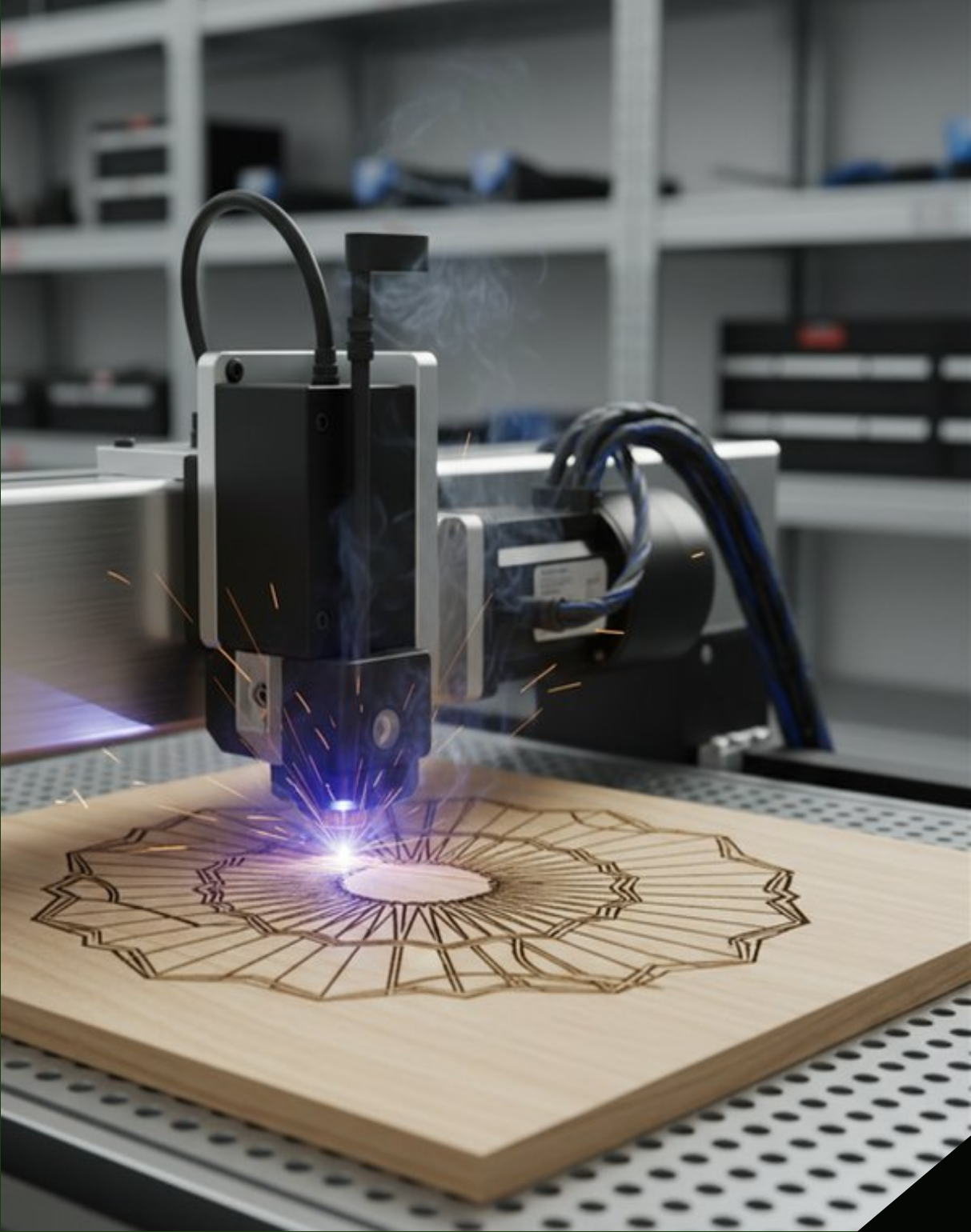Laser engraving a wood panel in the Precision Custom Designs shop